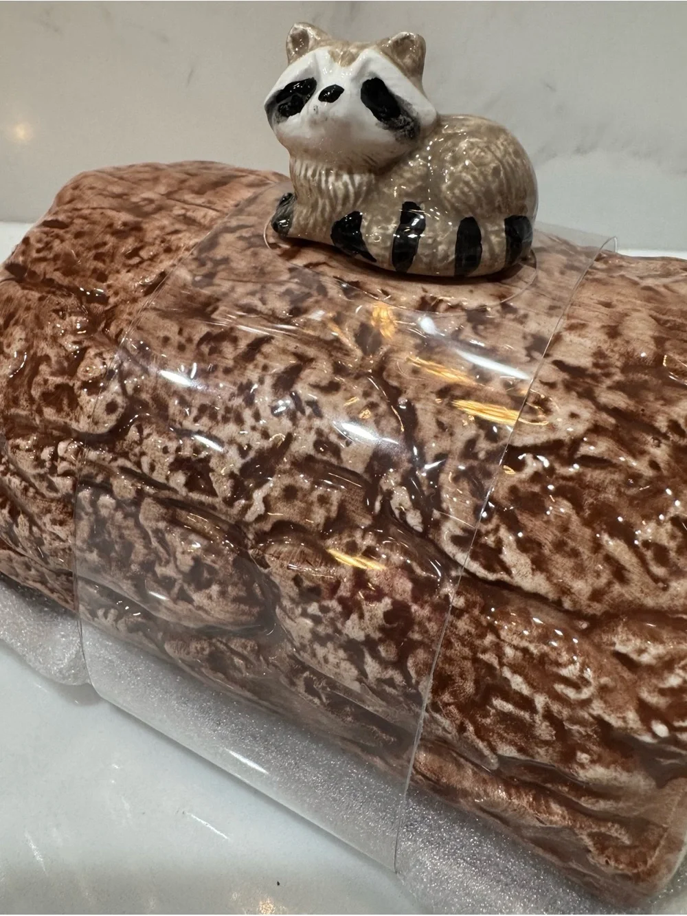 Large Heritage Harvest Fall Butter Dish w/Forest Raccoon on Log New